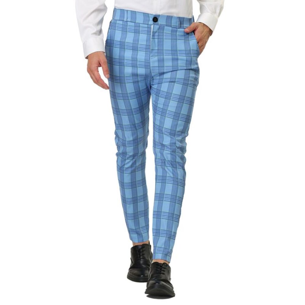 Formal Trousers Color Block Slim Fit Flat Front Plaid Dress Pants Light Blue